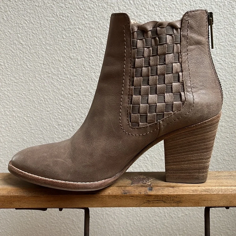Aquatalia Basket-Weave Tan Leather Frannie Weatherproof Ankle Heeled Booties - Picture 2 of 15
